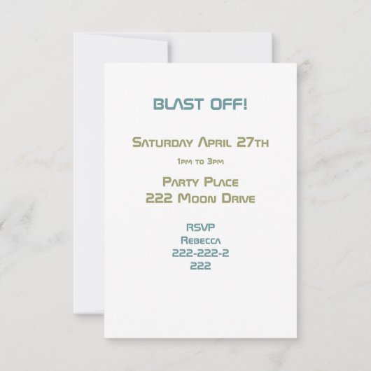 宇宙宇宙飛行士2月とバックパーティーテーマ 招待状 (裏面)