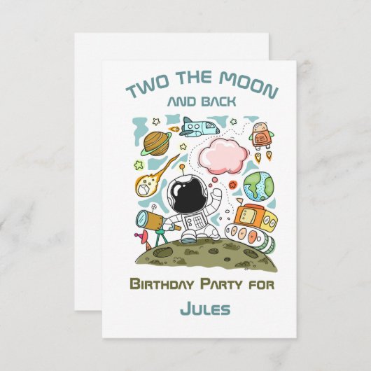 宇宙宇宙飛行士2月とバックパーティーテーマ 招待状 (正面/裏面)
