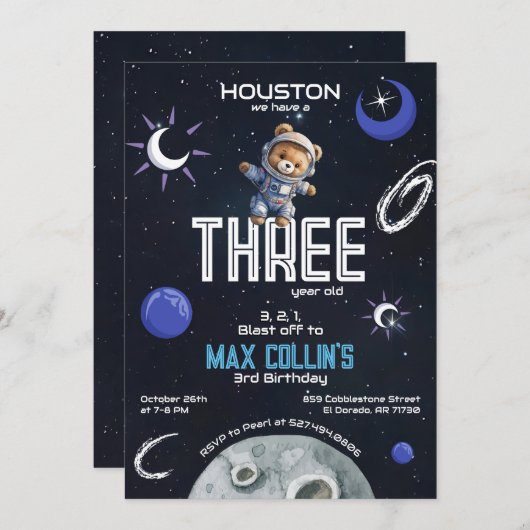 宇宙宇宙飛行士Any Age誕生日招待状 招待状 (正面/裏面)