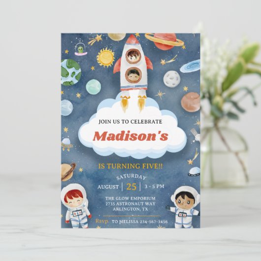 宇宙宇宙飛行士Any Age Birthday Partyへの招待 招待状 (スタンド正面)