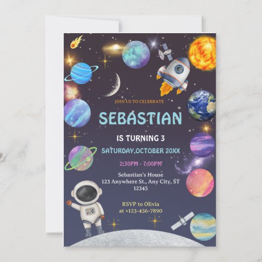 宇宙宇宙飛行士Any Age Birthday Partyへの招待 招待状 (正面)