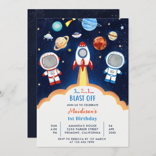 宇宙宇宙飛行士Any Age Birthday Party 招待状 (正面/裏面)