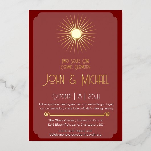 宇宙幾何学結婚のテラコッタ金ゴールドスターバスト 箔招待状 (正面)