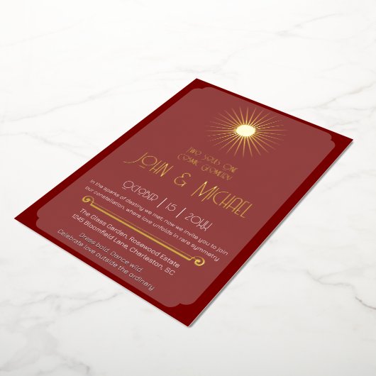 宇宙幾何学結婚のテラコッタ金ゴールドスターバスト 箔招待状 (回転した状態)