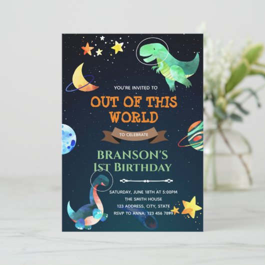 宇宙恐竜の誕生日テーマ招待 招待状 (スタンド正面)