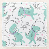 宇宙恐竜、かわいい恐竜、宇宙船、星 ガラスコースター (正面)