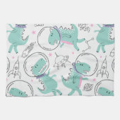 宇宙恐竜、かわいい恐竜、宇宙船、星 キッチンタオル (横)