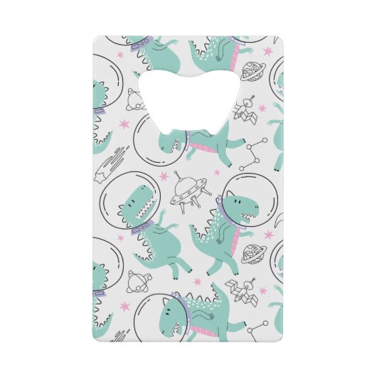 宇宙恐竜、かわいい恐竜、宇宙船、星 クレジットカード栓抜き (正面)