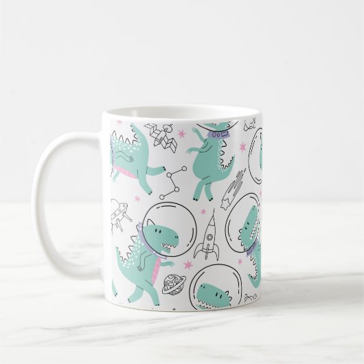 宇宙恐竜、かわいい恐竜、宇宙船、星 コーヒーマグカップ (左)
