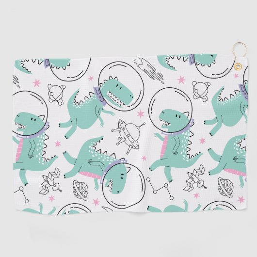 宇宙恐竜、かわいい恐竜、宇宙船、星 ゴルフタオル (横)