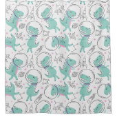 宇宙恐竜、かわいい恐竜、宇宙船、星 シャワーカーテン (正面)