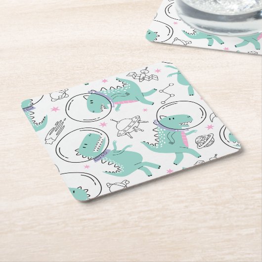 宇宙恐竜、かわいい恐竜、宇宙船、星 スクエアペーパーコースター (アングル)