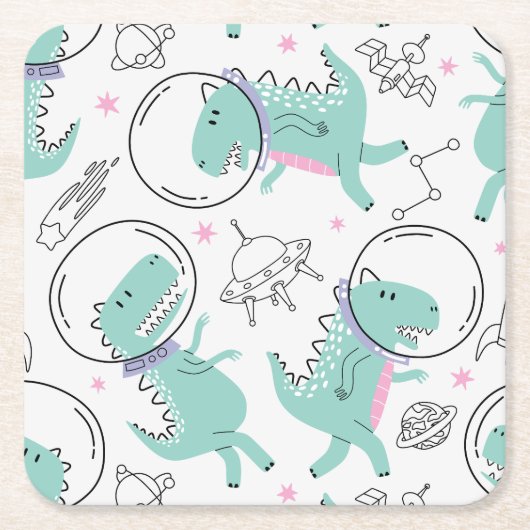 宇宙恐竜、かわいい恐竜、宇宙船、星 スクエアペーパーコースター (正面)