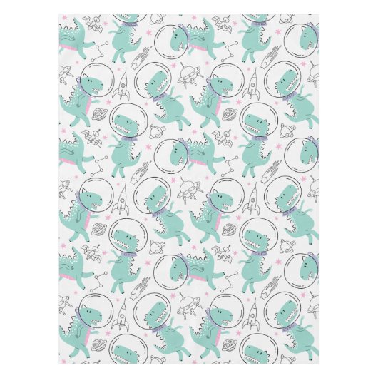 宇宙恐竜、かわいい恐竜、宇宙船、星 テーブルクロス (正面)