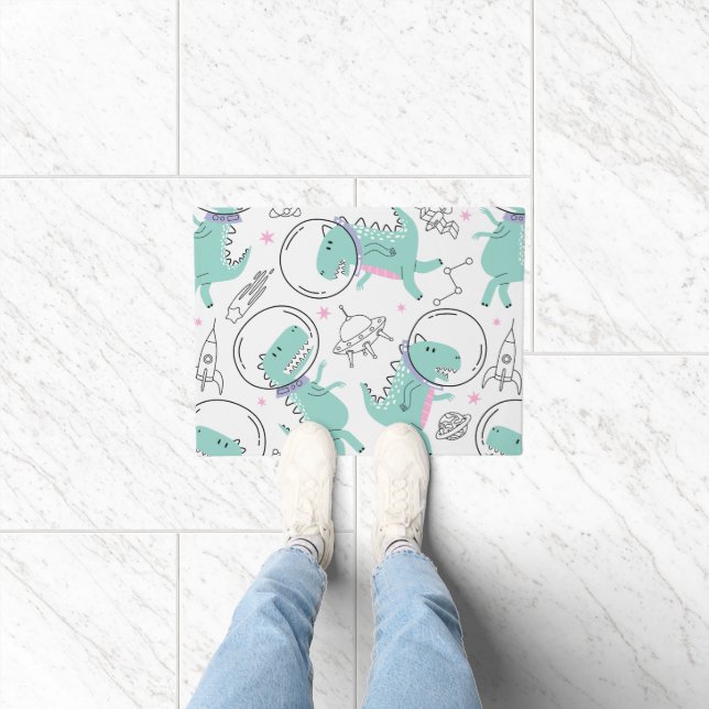 宇宙恐竜、かわいい恐竜、宇宙船、星 ドアマット (室内)