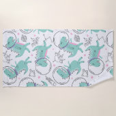 宇宙恐竜、かわいい恐竜、宇宙船、星 ビーチタオル (正面)