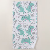 宇宙恐竜、かわいい恐竜、宇宙船、星 ビーチタオル (正面)