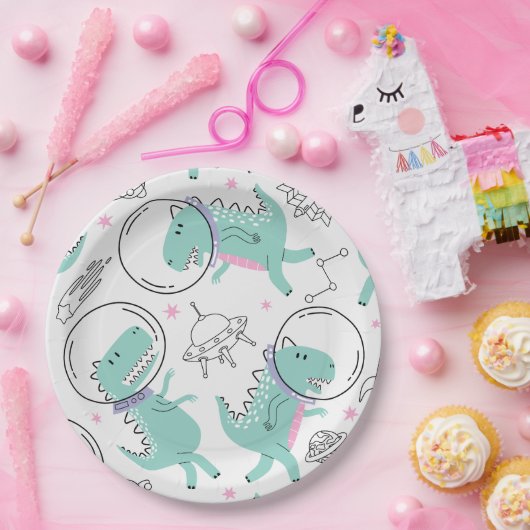宇宙恐竜、かわいい恐竜、宇宙船、星 ペーパープレート (パーティー)