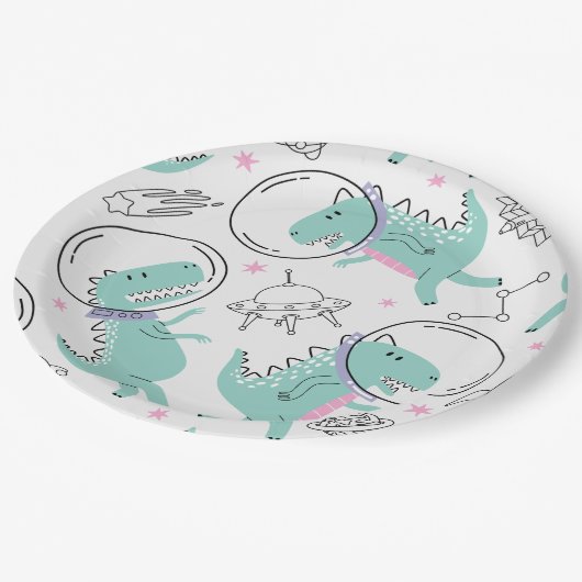宇宙恐竜、かわいい恐竜、宇宙船、星 ペーパープレート (アングル)