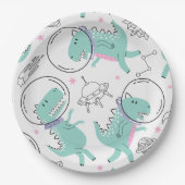 宇宙恐竜、かわいい恐竜、宇宙船、星 ペーパープレート (正面)