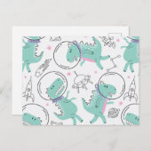 宇宙恐竜、かわいい恐竜、宇宙船、星 ポストカード (正面/裏面)