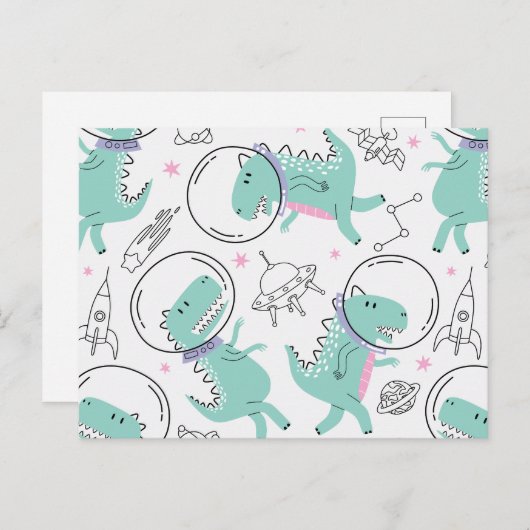 宇宙恐竜、かわいい恐竜、宇宙船、星 ポストカード (正面/裏面)