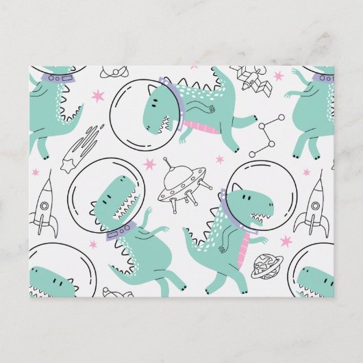 宇宙恐竜、かわいい恐竜、宇宙船、星 ポストカード (正面)