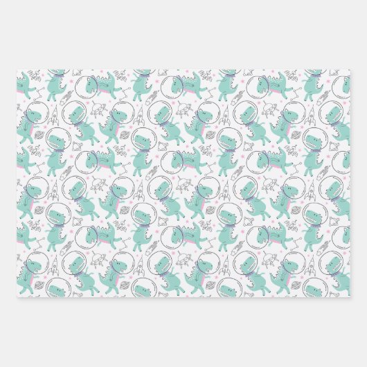 宇宙恐竜、かわいい恐竜、宇宙船、星 ラッピングペーパーシート (正面)