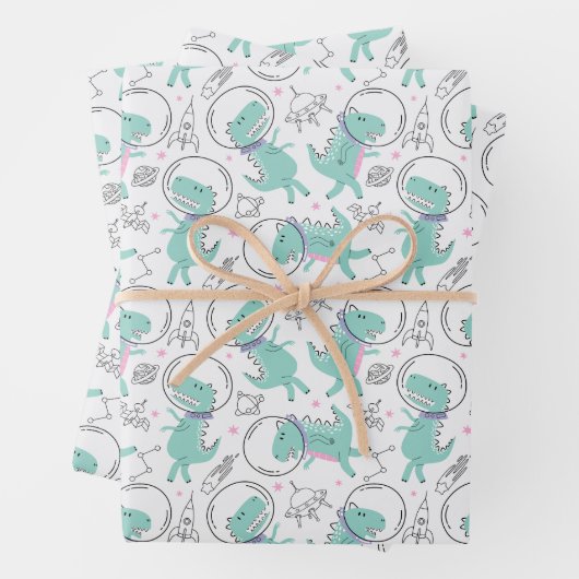宇宙恐竜、かわいい恐竜、宇宙船、星 ラッピングペーパーシート (インサイチュ)