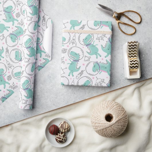 宇宙恐竜、かわいい恐竜、宇宙船、星 ラッピングペーパー (クラフト)