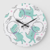 宇宙恐竜、かわいい恐竜、宇宙船、星 ラージ壁時計 (正面)