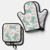 宇宙恐竜、かわいい恐竜、宇宙船、星 鍋つかみ&鍋敷きセット (正面/裏面)