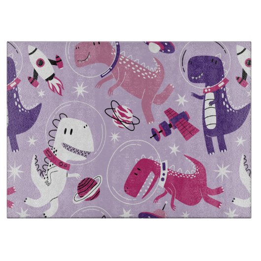 宇宙恐竜、かわいい恐竜、星、宇宙船 カッティングボード (正面)