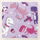 宇宙恐竜、かわいい恐竜、星、宇宙船 ガラスコースター (正面)