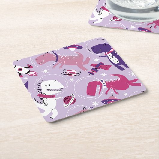 宇宙恐竜、かわいい恐竜、星、宇宙船 スクエアペーパーコースター (アングル)