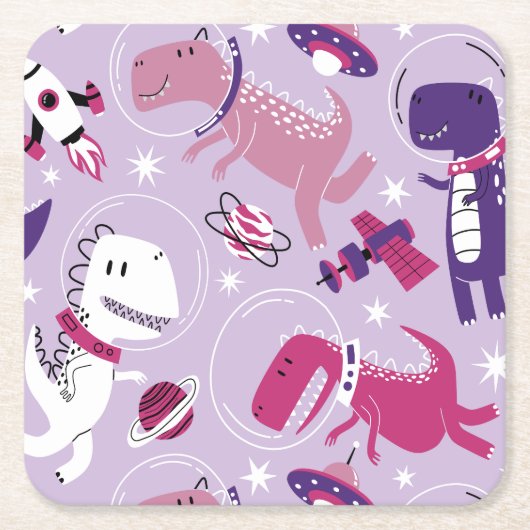 宇宙恐竜、かわいい恐竜、星、宇宙船 スクエアペーパーコースター (正面)