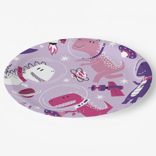 宇宙恐竜、かわいい恐竜、星、宇宙船 ペーパープレート (アングル)