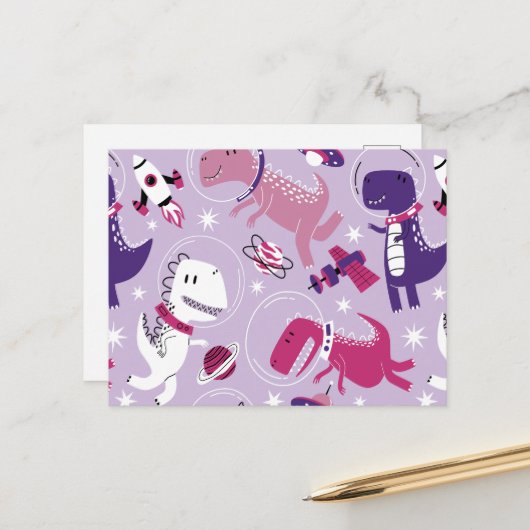 宇宙恐竜、かわいい恐竜、星、宇宙船 ポストカード (正面/裏面インサイチュ)