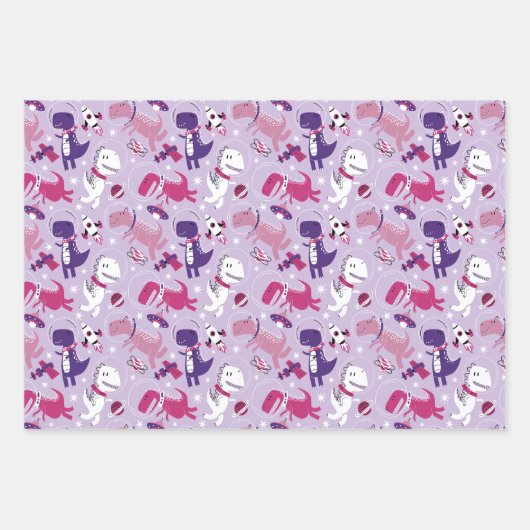 宇宙恐竜、かわいい恐竜、星、宇宙船 ラッピングペーパーシート (正面3)