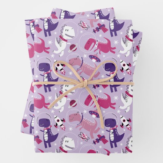 宇宙恐竜、かわいい恐竜、星、宇宙船 ラッピングペーパーシート (インサイチュ)