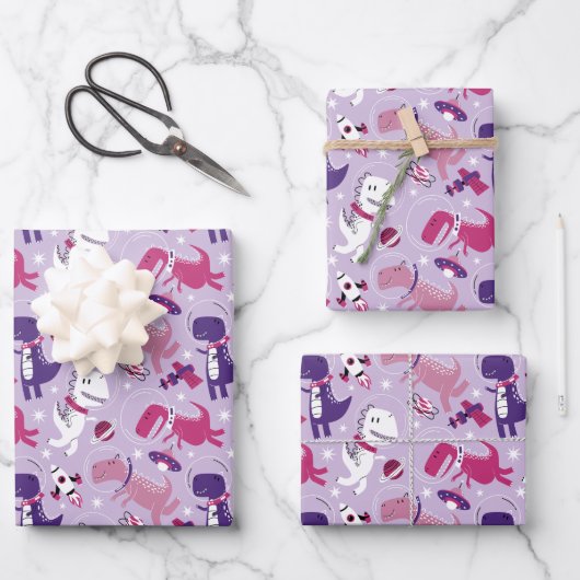 宇宙恐竜、かわいい恐竜、星、宇宙船 ラッピングペーパーシート (正面)