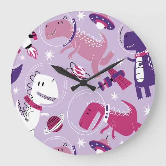 宇宙恐竜、かわいい恐竜、星、宇宙船 ラージ壁時計 (正面)