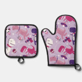 宇宙恐竜、かわいい恐竜、星、宇宙船 鍋つかみ&鍋敷きセット (正面)