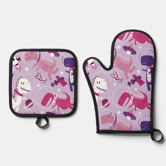 宇宙恐竜、かわいい恐竜、星、宇宙船 鍋つかみ&鍋敷きセット (正面)