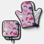 宇宙恐竜、かわいい恐竜、星、宇宙船 鍋つかみ&鍋敷きセット (正面/裏面)