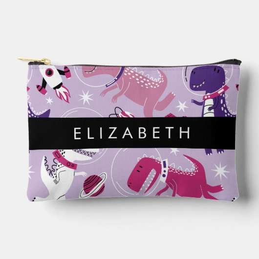 宇宙恐竜、可愛い恐竜、星、あなたの名前 アクセサリーポーチ (正面)