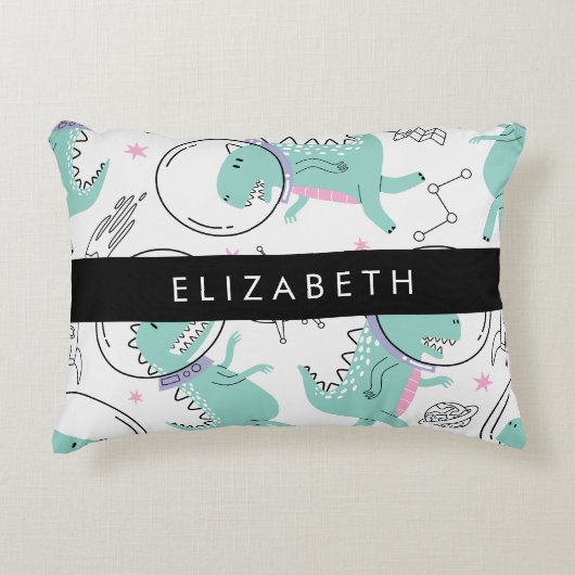宇宙恐竜、可愛い恐竜、星、あなたの名前 アクセントクッション (正面)