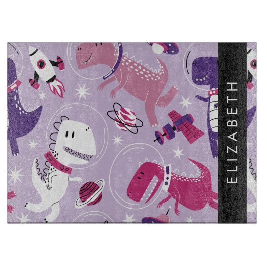 宇宙恐竜、可愛い恐竜、星、あなたの名前 カッティングボード (正面)