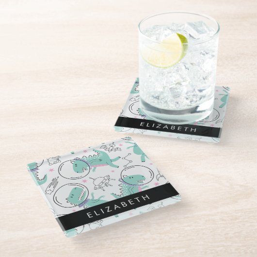 宇宙恐竜、可愛い恐竜、星、あなたの名前 ガラスコースター (アングル)