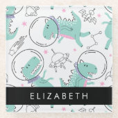 宇宙恐竜、可愛い恐竜、星、あなたの名前 ガラスコースター (正面)